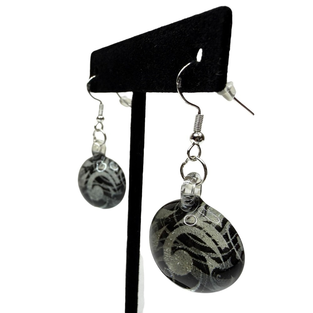 Sterling Silver S925 Glass Black & Grey Swirl Art Dangle Drop Earrings Handmade - Picture 3 of 7